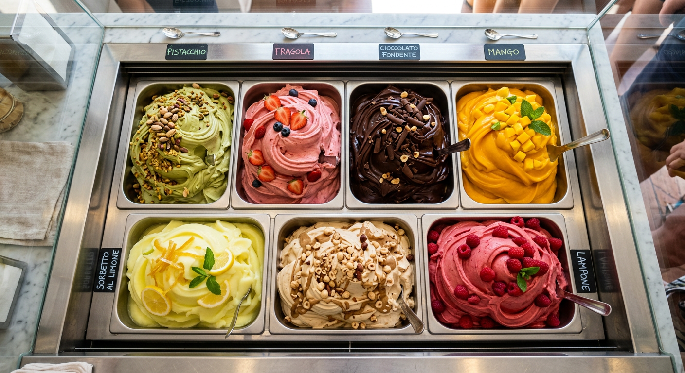 A colourful display of gelato and sorbet tubs