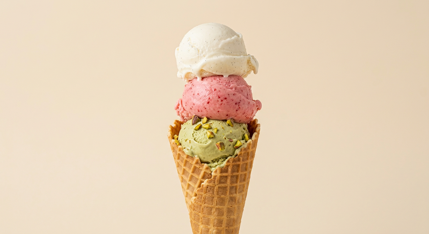 A waffle cone with pistachio, strawberry and vanilla gelato