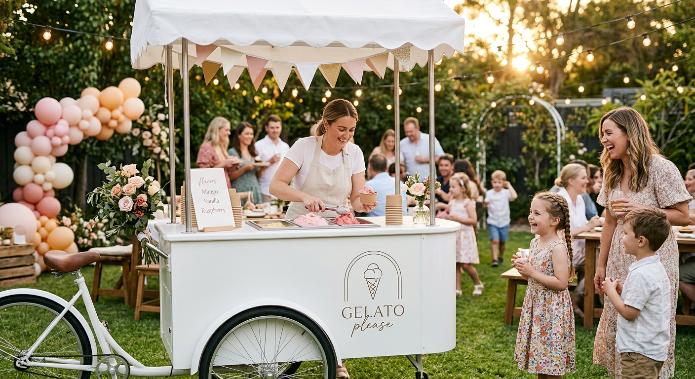 The Gelato Please cart serving guests at a backyard birthday party