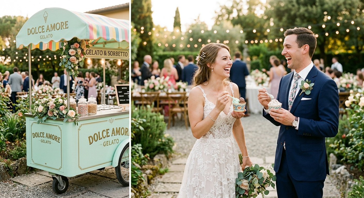 Newlyweds laughing with gelato cups beside the Gelato Please cart